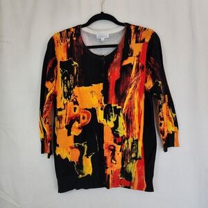 Joseph A Black Orange Cardigan Sz M Cyber Abstract Art Design Bold Boho Vintage